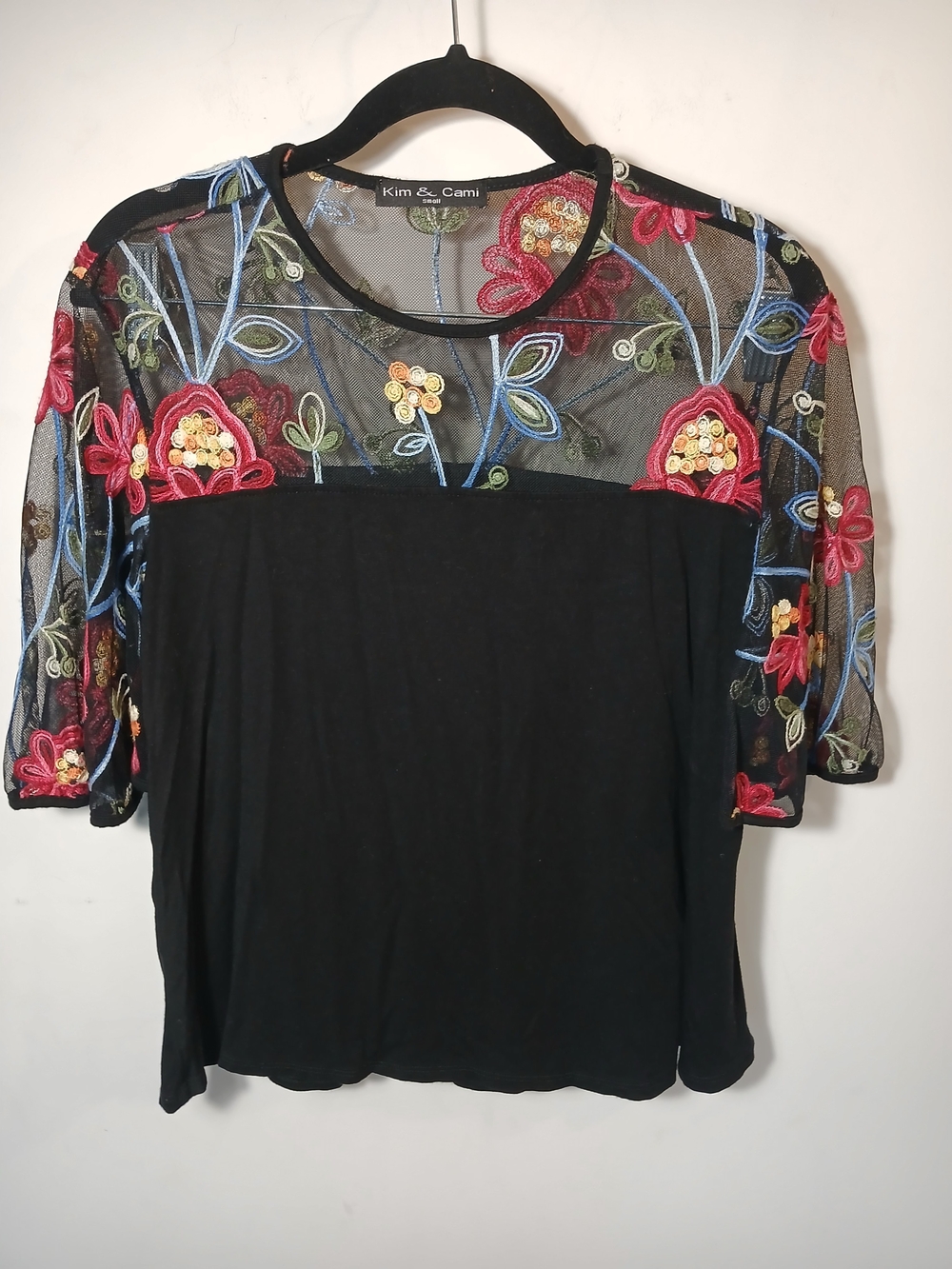 Vtg Kim & Cami Black Mesh Top with Red and Blue Floral Embroidery
